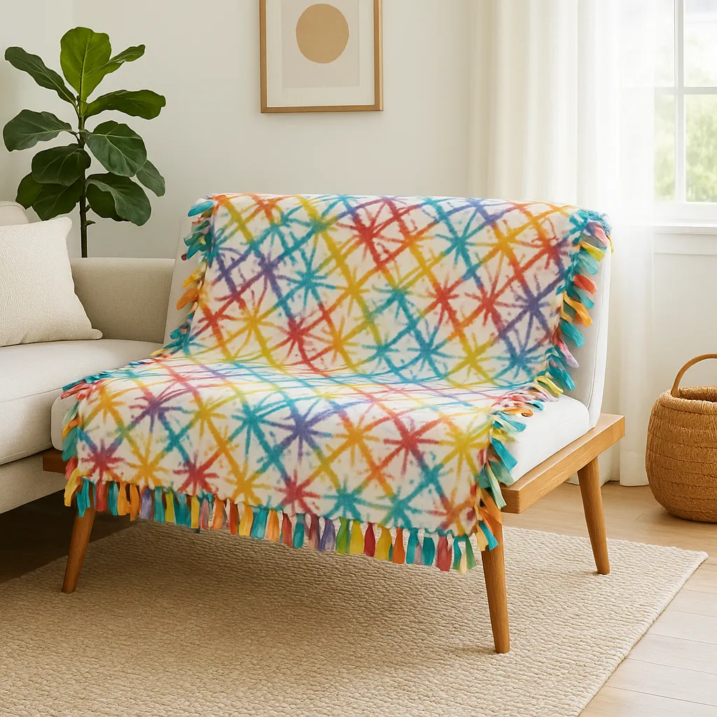 Bright rainbow tie dye fleece tie blanket with a colourful knotted fringe on a light armchair
