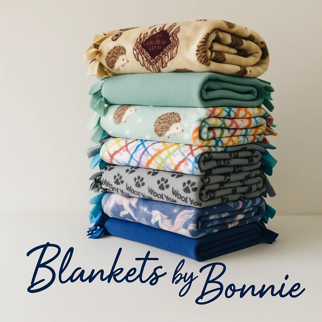 A tall stack of neatly folded handmade fleece tie blankets in many colours and patterns
